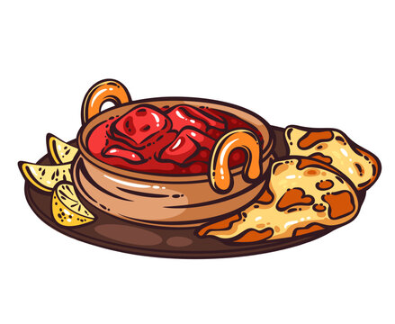 Indian curry pot with spiced red sauce, naan bread, lemon wedges and round serving bowl. Asian food menu with Indian curry pot, hand drawn doodle vector illustration