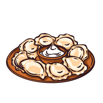 Polish pierogi with folded dumplings, sour cream bowl, crimped edges and thick ink strokes. Eastern European food menu with Polish pierogi, hand drawn doodle vector illustration