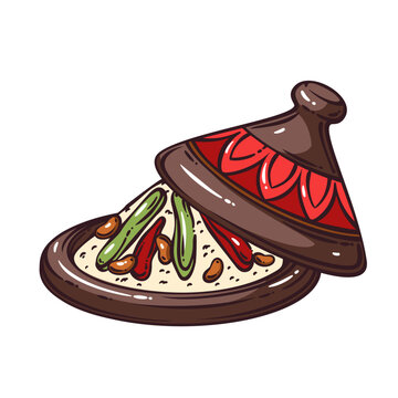 Moroccan tagine pot with cone lid, couscous, vegetables, peppers and clay serving dish. North African food menu with Moroccan tagine pot, hand drawn doodle vector illustration