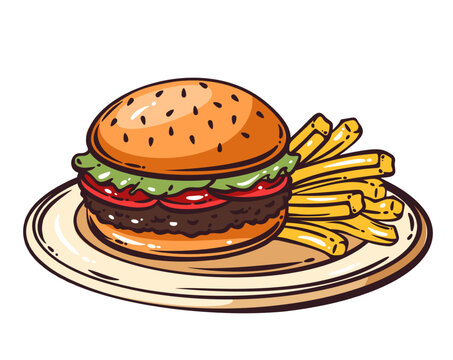 American burger with sesame bun, beef patty, lettuce, tomato and French fries on plate. Fast food menu with American burger, hand drawn doodle vector illustration