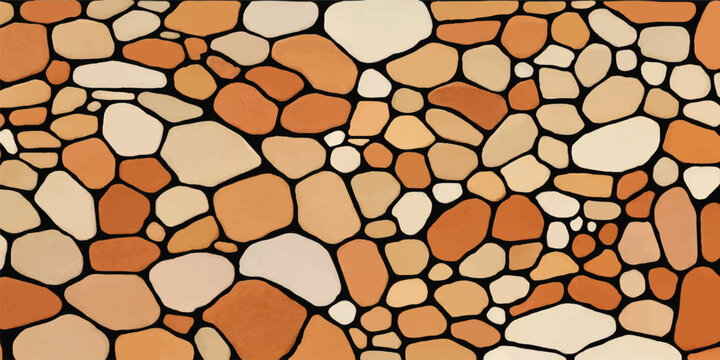 Detailed earth tone mosaic stone wall backdrop with background pavement exterior cobblestone construction material architectural backdrop geometric structure formation cladding