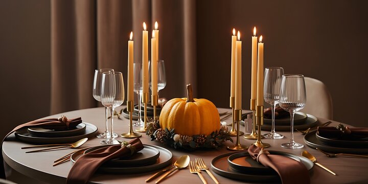 Elegant Thanksgiving dinner table setting with pumpkin and candles on round table