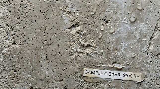 Macro view of concrete sample surface with cracks and small white crystalline deposits showing degradation and chemical reaction after twenty four hours high humidity.