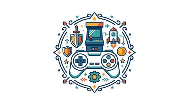 Retro Gaming Console and Controller with Iconic Gaming Symbols