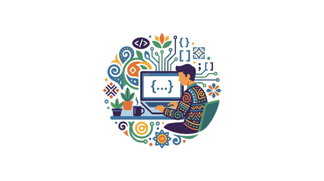 Software Developer Coding at Computer with Creative Coding Icons