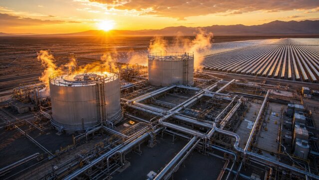 Sunset over industrial complex with steam and solar panels in the background showing activity and energy generation