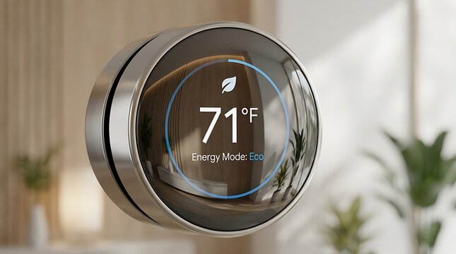 Smart home climate control system with digital display showing 71 degrees fahrenheit in energy mode eco a modern interior background with plants.