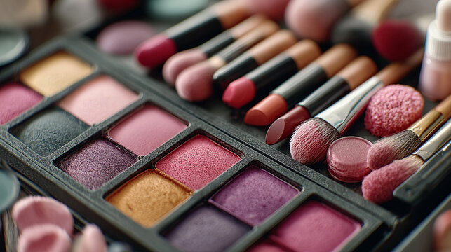 Close-up of colorful makeup palette with brushes and eyeshadows in professional artist kit