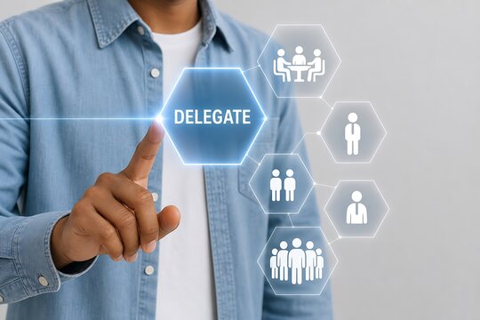 Hand pointing to delegate icon with team collaboration and workflow concepts illustration