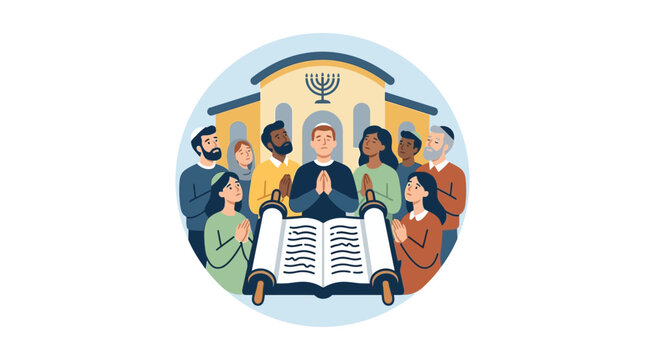 Diverse Group Praying Together in Synagogue with Torah Scroll