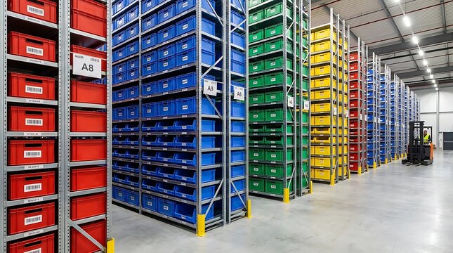Large warehouse interior with rows of colorful storage bins on tall shelving units a forklift operating in aisle of organized inventory.