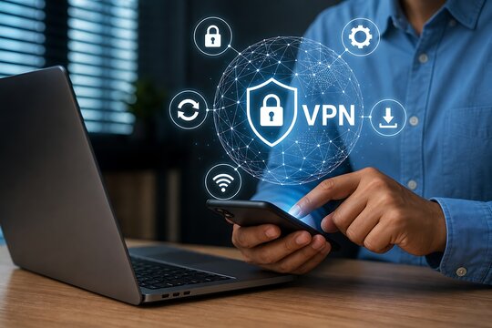Person using vpn connection on laptop with digital security icons illustration