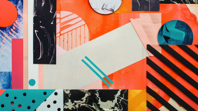 Vibrant abstract composition with colorful geometric shapes, dots, lines and stripes with textured paint brushstrokes background