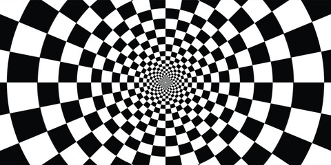 Naklejka premium Abstract geometric background with 3d checkered tunnel structure. Minimalist black and white optical illusion chessboard pattern banner vector.