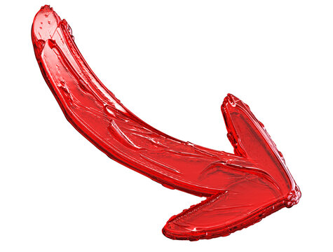 Down arrow, red paint stroke, textured impasto brush mark. Thick red paint arrow on transparent background. Decline, loss, recession, market downturn, negative trend, risk, financial crisis, PNG