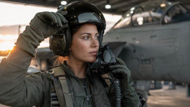 Female pilot preparing for flight in military hangar at sunset with aircraft in background