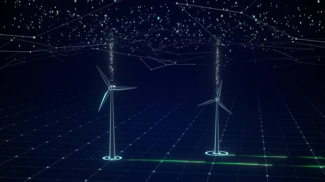 3D wind turbines transmitting binary data to a digital cloud network on a glowing grid. Smart grid technology and renewable energy concept, ideal for a corporate presentation backdrop.

