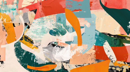 Fototapeta premium Vibrant abstract composition with colorful geometric shapes, dots, lines and stripes with textured paint brushstrokes background