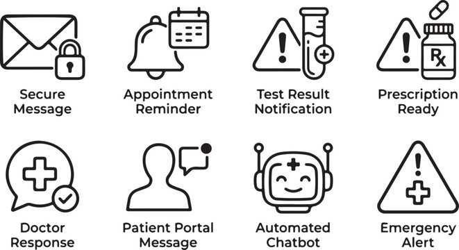 Medical communication and notification icons set for healthcare services patient communication and medical alerts system.
