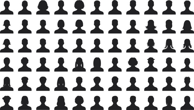 Extensive grid of diverse male and female head and shoulder silhouettes for profile pictures shoulders