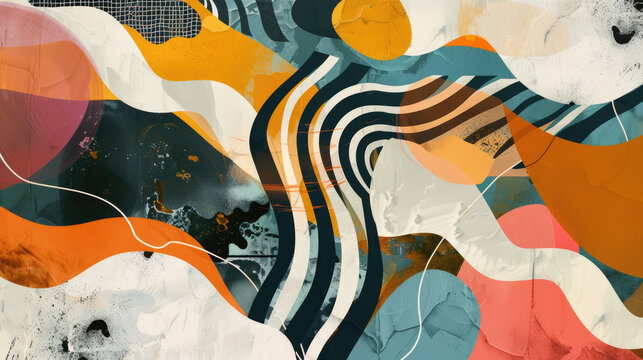 Vibrant abstract composition with colorful geometric shapes, dots, lines and stripes with textured paint brushstrokes background