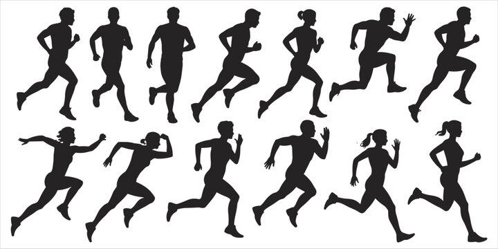Diverse group of male and female runners in silhouette in various running poses Keywords: running, runner, silhouette, sport, fitness