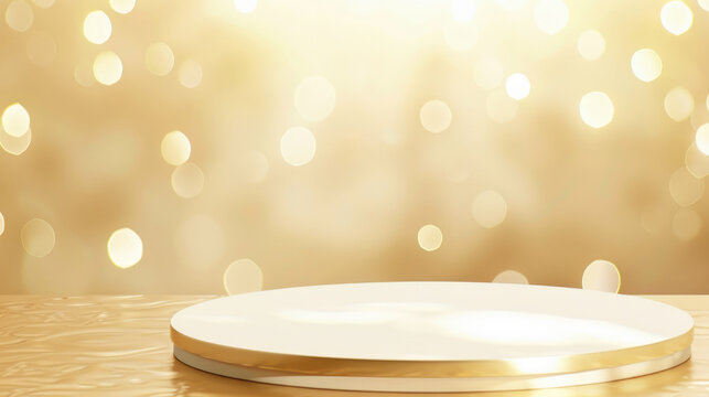 White round podium display on golden background with luxury bokeh lights effects for product presentation