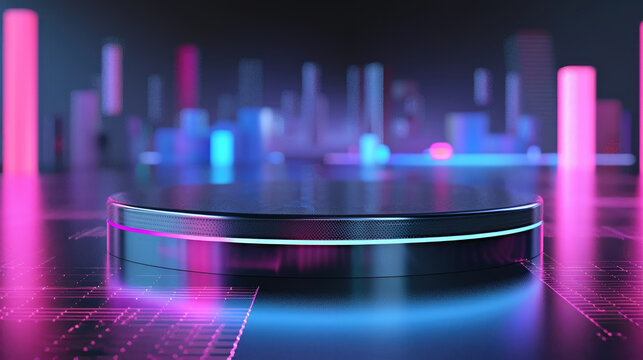 Futuristic neon podium with pink and blue lights on geometric grid against blurred cityscape background