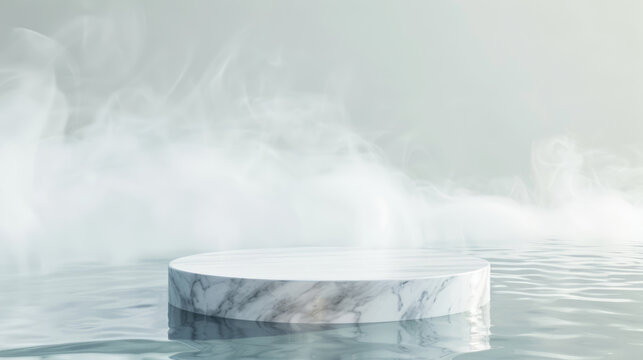 Marble podium with blue water ripples reflection on minimalist background for product display