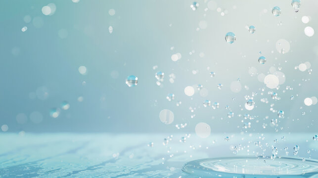 Glass cosmetic podium with water drops on light blue background for product mockup display