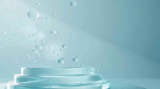 Transparent water bubbles floating over turquoise podium. Cosmetic product display platform background, moisturizing concept