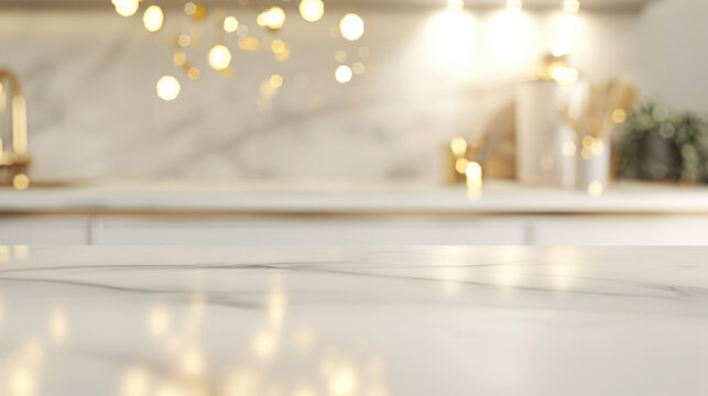 Blurred kitchen counter with golden bokeh lights and bright window background for product placement or showcase