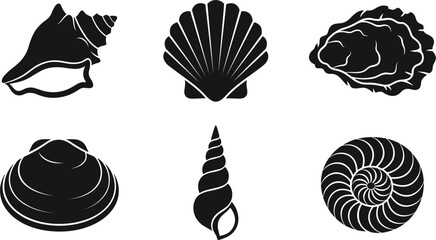 Marine Seashell Silhouette Vector Icon Set Featuring Scallop Conch Clam Oyster and Spiral Snail Shell Designs for Ocean Beach and Nautical Theme Graphics © Ashik 