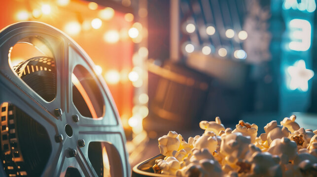 Movie film reel and striped popcorn box with bokeh lights in retro cinema atmosphere background