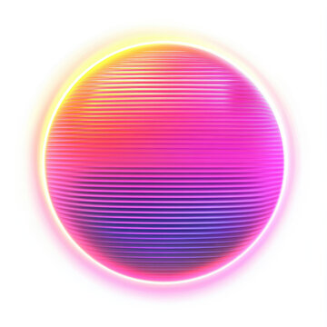 Glowing circular neon sun with pink and purple gradient stripes and golden halo illumination on dark background