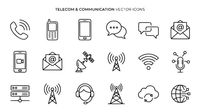 Communications and telecommunications icon set with network and connectivity symbols