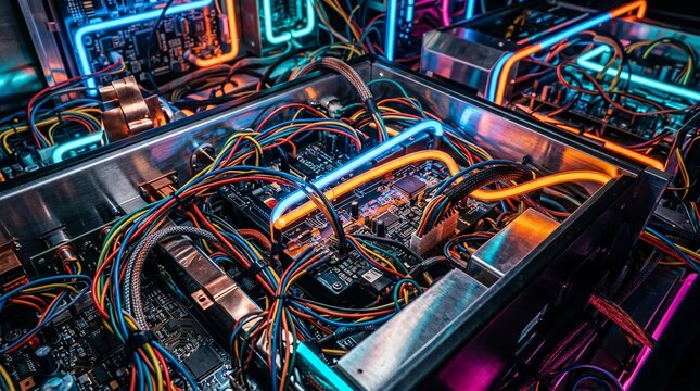 Complex computer wiring with neon blue and orange lights