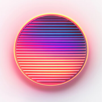 Glowing circular neon sun with pink and purple gradient stripes and golden halo illumination on dark background