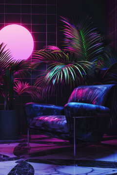 Luxurious velvet armchair in dark room with neon pink circular light and tropical plants creating cyberpunk atmosphere background