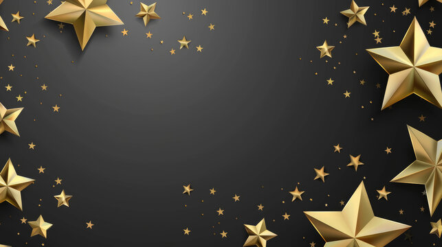 Luxurious golden stars scattered on elegant dark background with copy space, holiday celebration concept