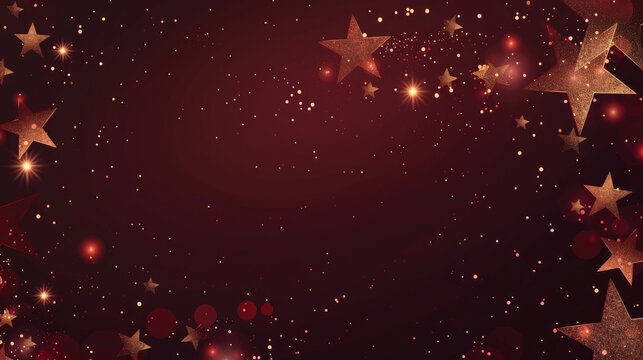 Red and gold glittering stars on deep burgundy background with copy space for text, festive holiday concept