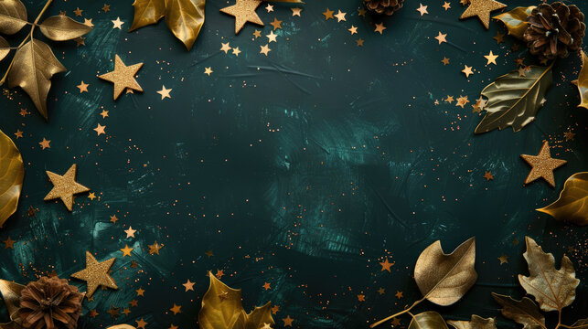 Festive arrangement with golden leaves, stars, ribbons on textured dark green background with copy space