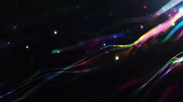Dynamic colorful abstract waves with stars on dark cosmic background, space wallpaper with northern lights effect