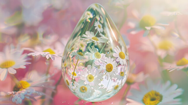 Delicate daisies reflected in water drop close up with soft pastel background