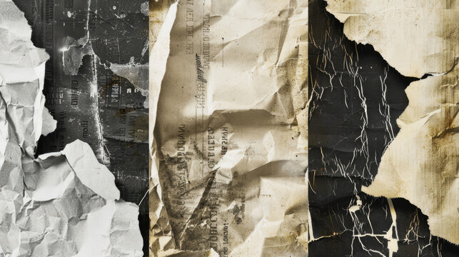 Close up of old weathered wall with torn and peeling vintage newspaper layers texture background