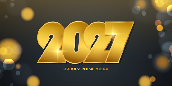 2027 Happy New Year holiday banner. Gold color. New Year 2027 numbers. Bokeh light effect. Vector illustration.	