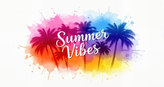 summer vibes with palm trees and watercolor splash in pink blue purple red orange yellow white colors with the text "Summer Vibes" Generative AI
