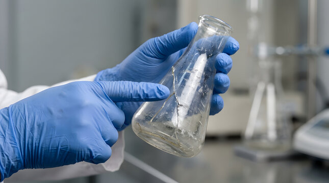Lab technician examining cracked glass beaker for laboratory safety and broken glassware disposal