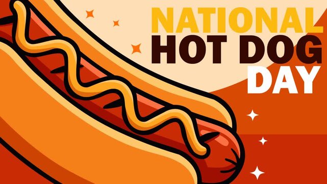 Eye-catching National Hot Dog Day footage featuring a classic hot dog topped with mustard on a vibrant background. Perfect for restaurant promotions, food advertising, events, menus