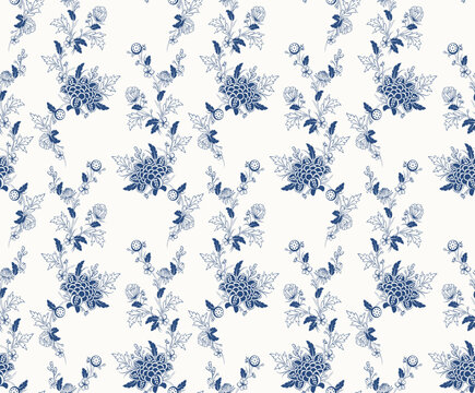 Seamless Blue and White Chinoiserie Floral Pattern, Traditional Delftware Porcelain Botanical Vector Background for Luxury Textile and Wallpaper Design